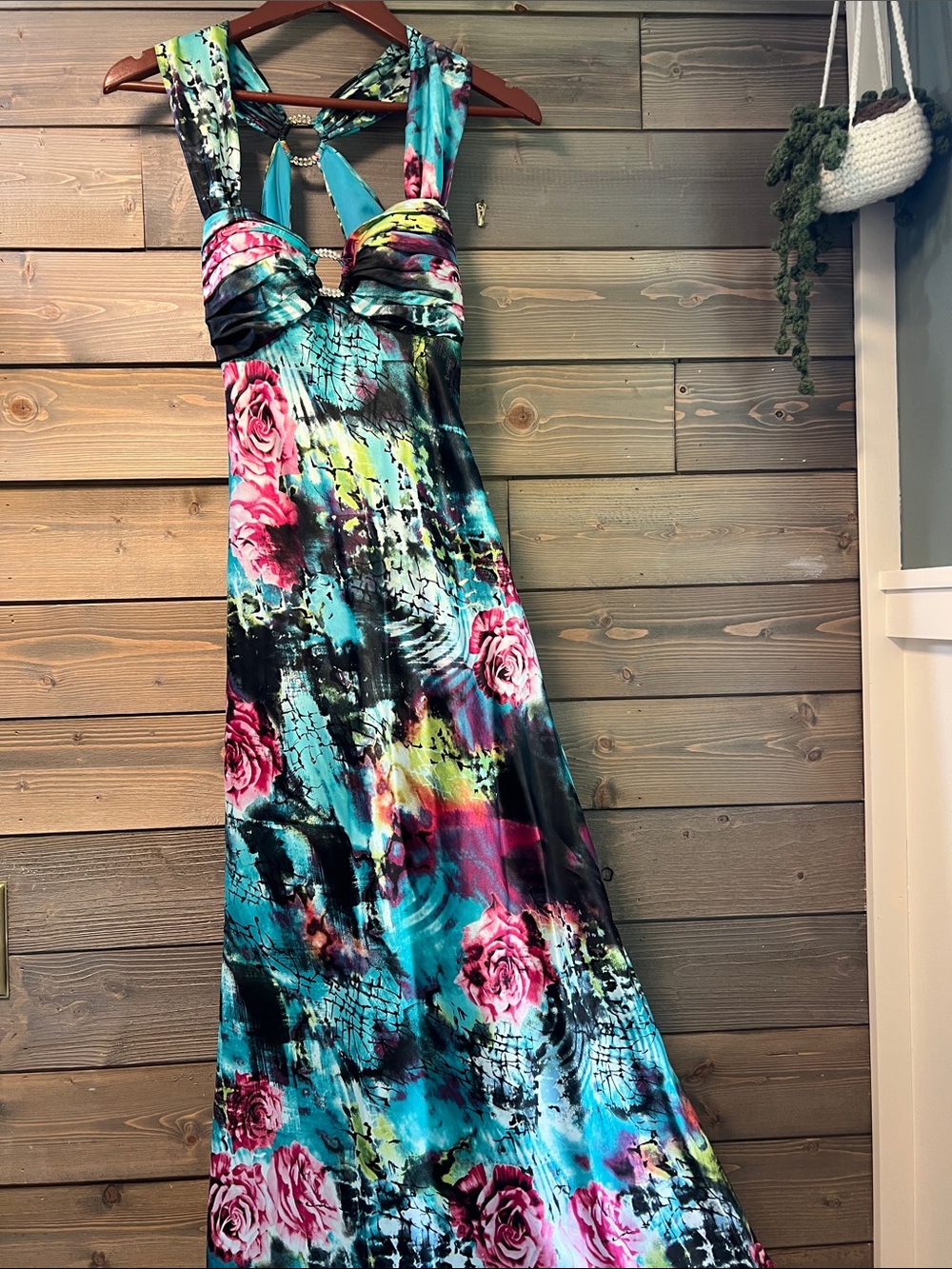 Betsy & Adam Floral Multi-Color Prom Dress with Crossback Straps
